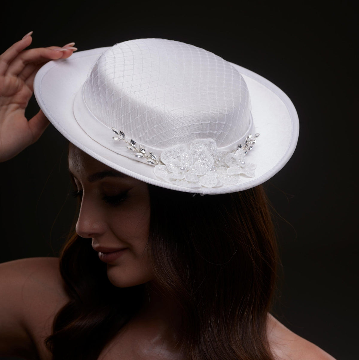 White Satin Hat with Lace Flowers & Crystal Leaves - Luzilly Bridal & Apparel