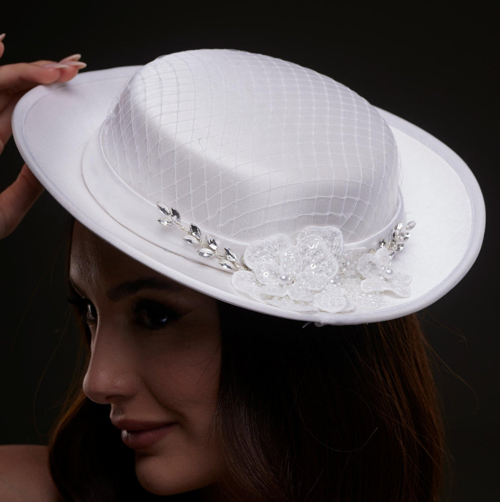 White Satin Hat with Lace Flowers & Crystal Leaves - Luzilly Bridal & Apparel