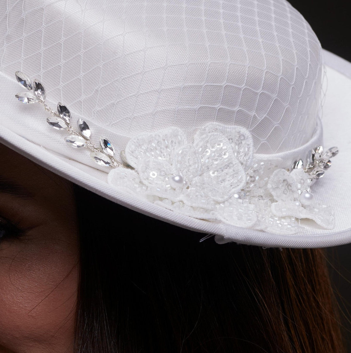 White Satin Hat with Lace Flowers & Crystal Leaves - Luzilly Bridal & Apparel