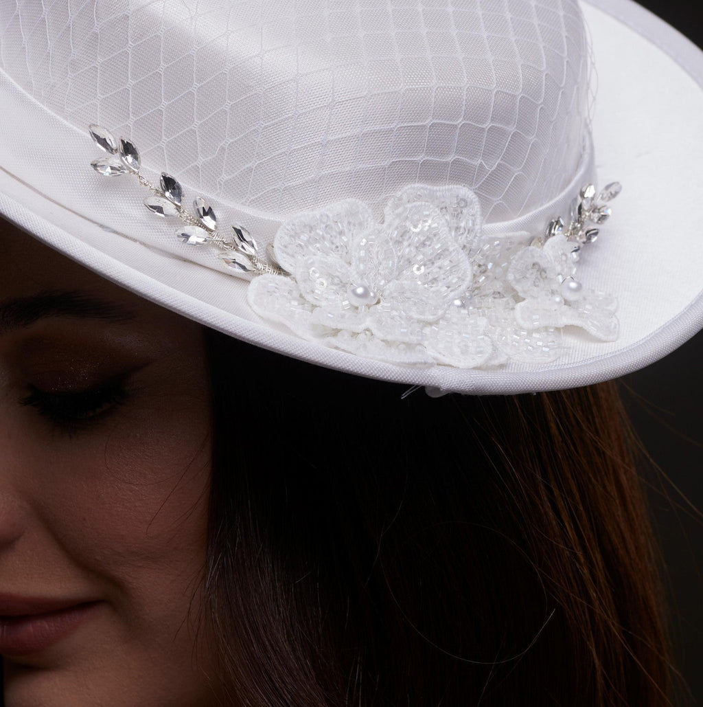 White Satin Hat with Lace Flowers & Crystal Leaves - Luzilly Bridal & Apparel