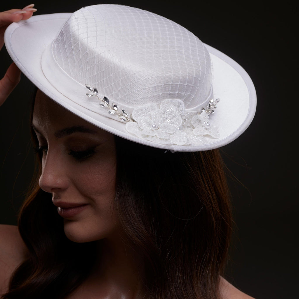 White Satin Hat with Lace Flowers & Crystal Leaves - Luzilly Bridal & Apparel