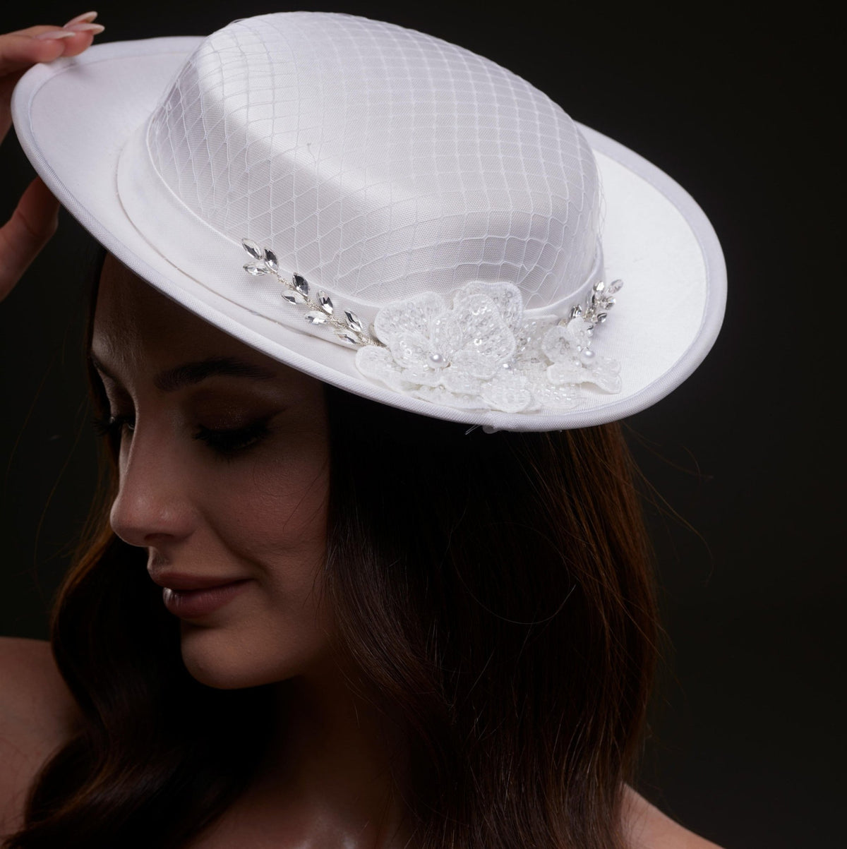 White Satin Hat with Lace Flowers & Crystal Leaves - Luzilly Bridal & Apparel