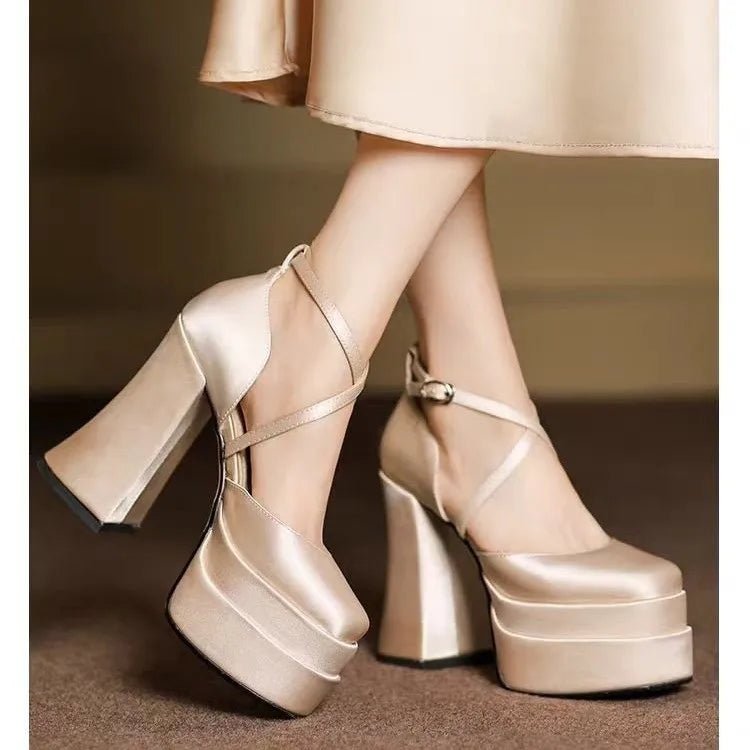 White Satin Wedding Shoes Platform Super High Heels New Small Block Heel Single Shoes - Luzilly Bridal & Apparel