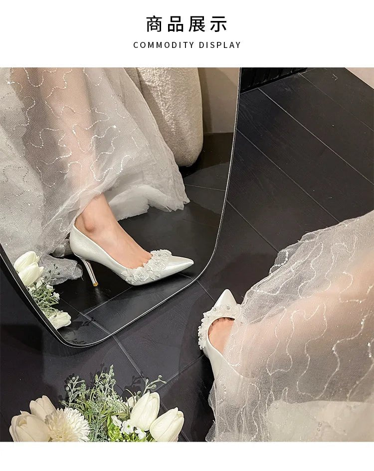 White Silk Floral Bridal Pumps - Luzilly Bridal & Apparel