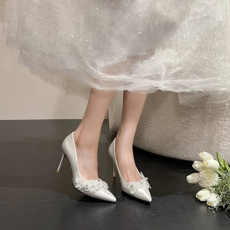 White Silk Floral Bridal Pumps - Luzilly Bridal & Apparel