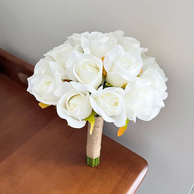 White Silk Rose Bouquet with Boutonniere - Luzilly Bridal & Apparel