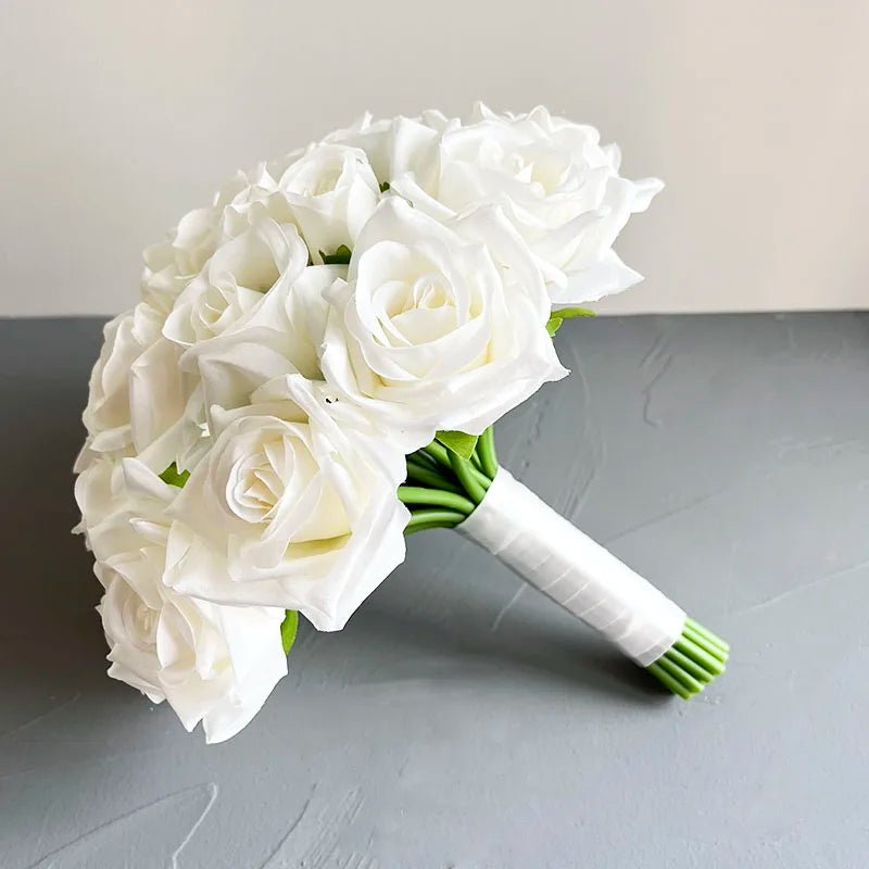White Silk Rose Bouquet with Boutonniere - Luzilly Bridal & Apparel
