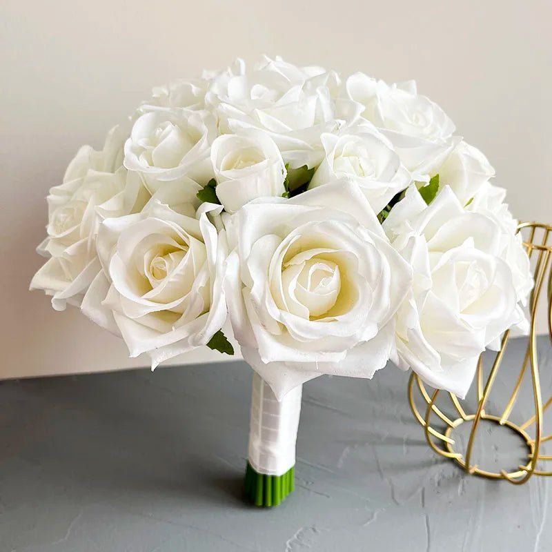 White Silk Rose Bouquet with Boutonniere - Luzilly Bridal & Apparel