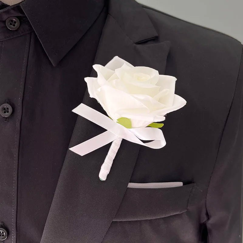 White Silk Rose Bouquet with Boutonniere - Luzilly Bridal & Apparel