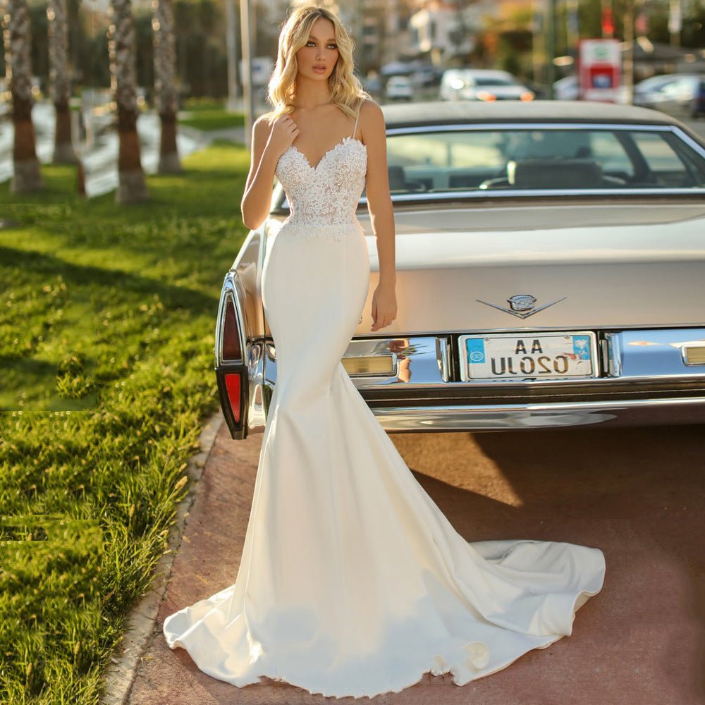 White Simple Trip Shoot Fishtail Bridal Tube Top Wedding Dress - Luzilly Bridal & Apparel