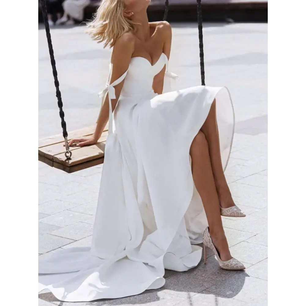 White Strapless Wedding Gown with High Slit