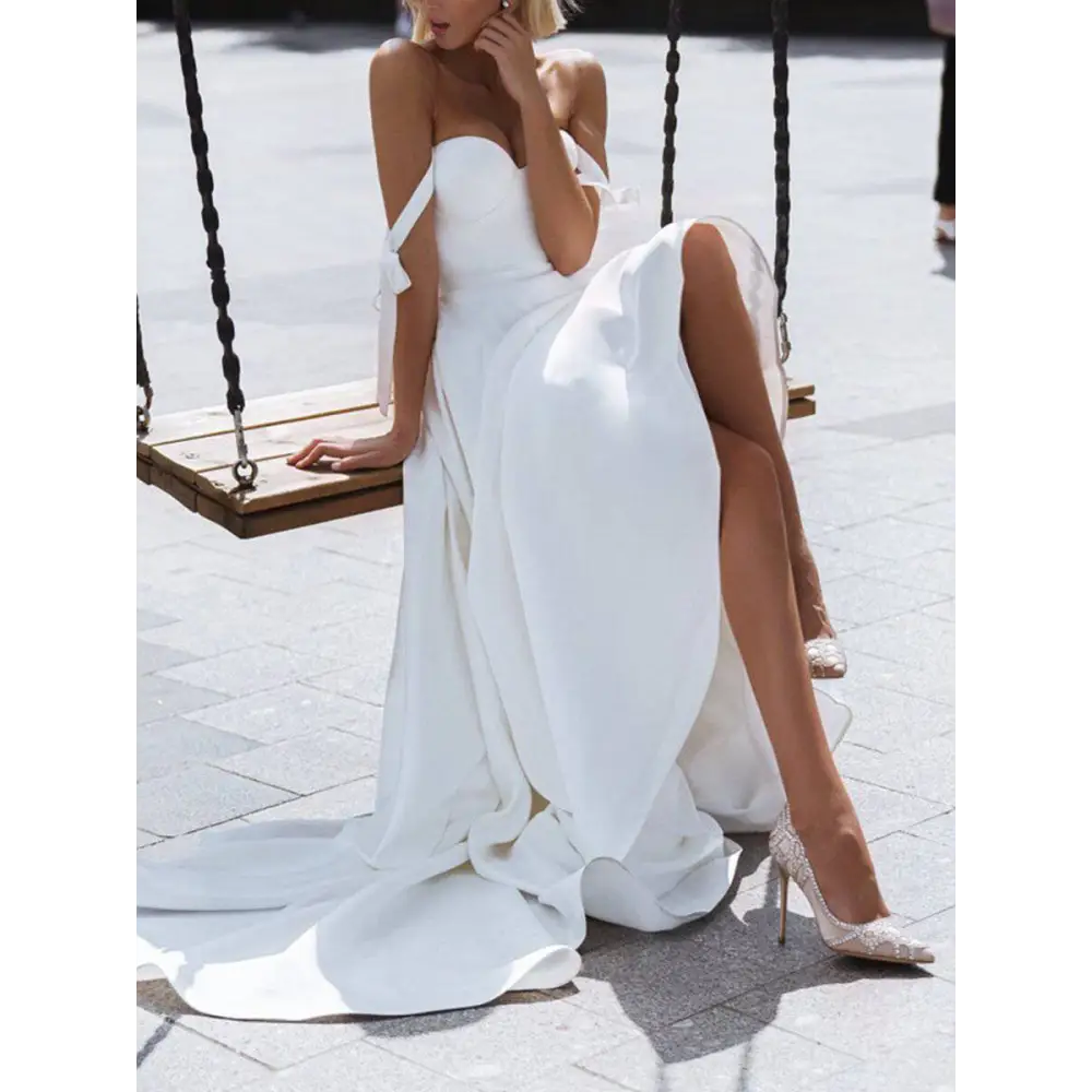 White Strapless Wedding Gown with High Slit