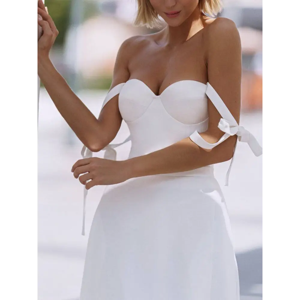 White Strapless Wedding Gown with High Slit