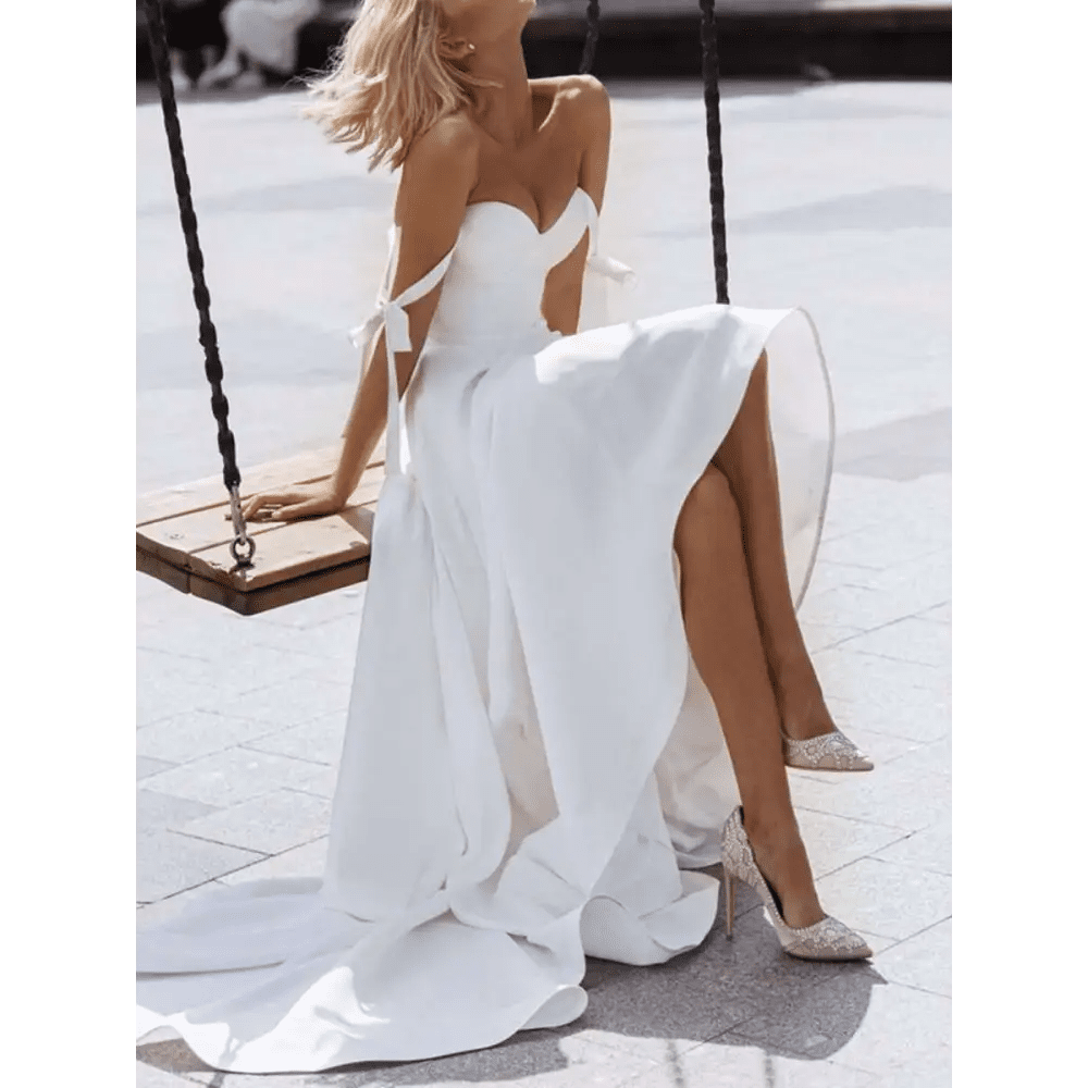 White Strapless Wedding Gown with High Slit - Luzilly Bridal & Apparel