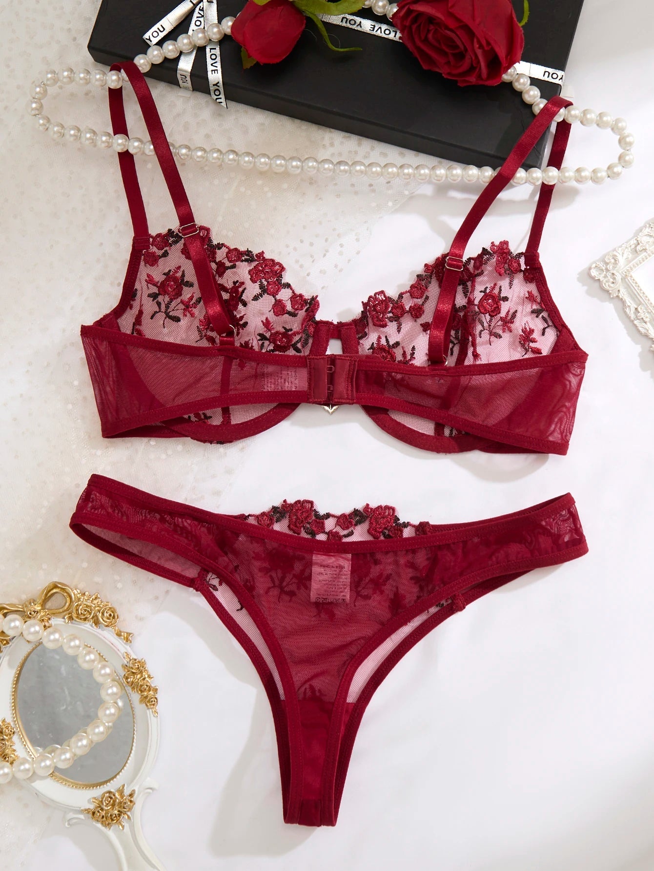 Wine Red Embroidered Bra & Panty Set - Luzilly Bridal & Apparel