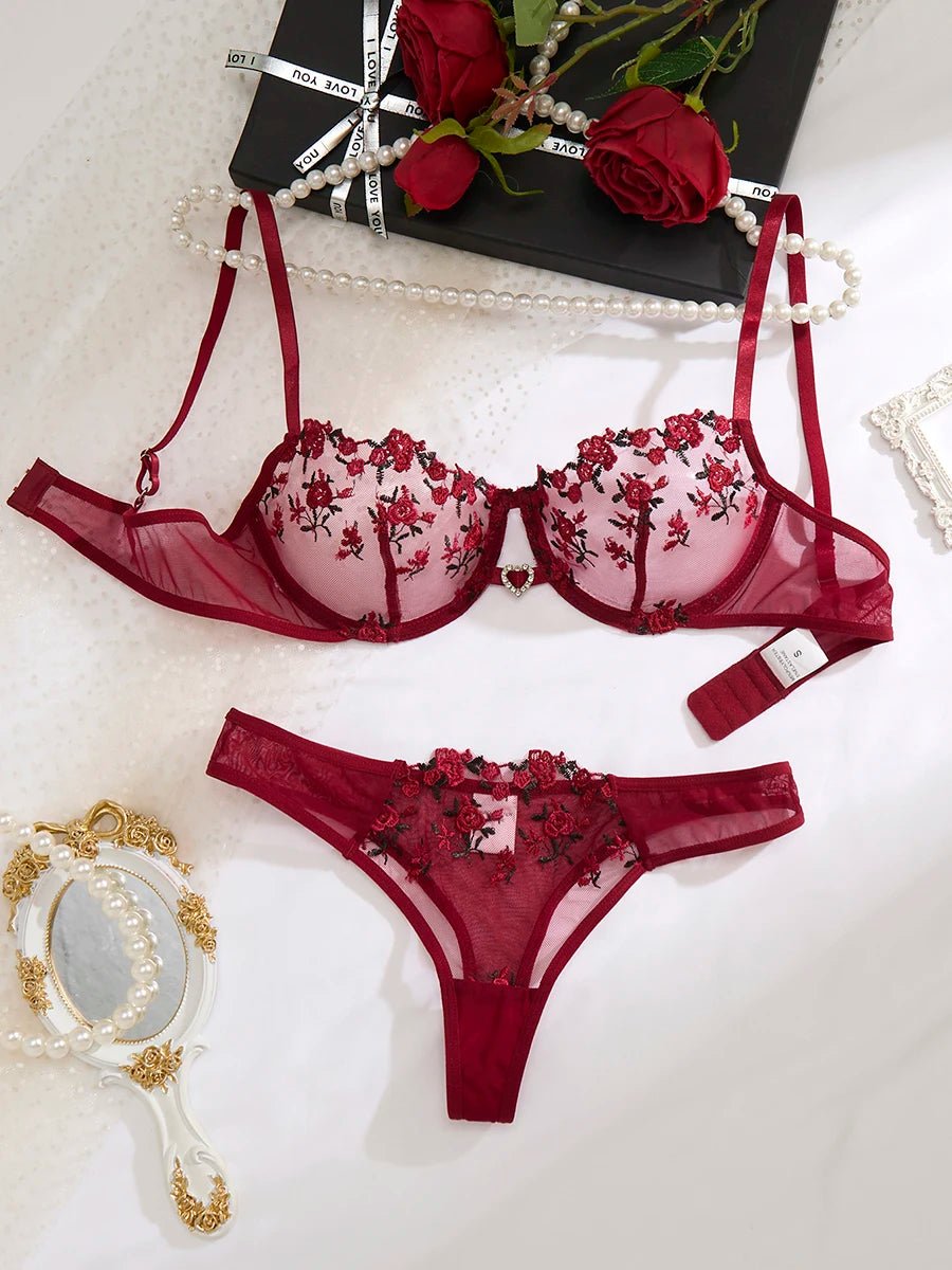 Wine Red Embroidered Bra & Panty Set - Luzilly Bridal & Apparel