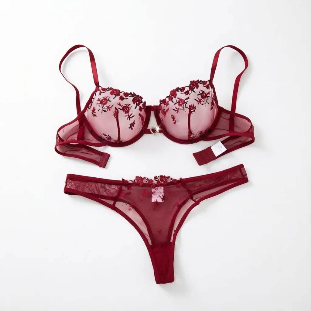 Wine Red Embroidered Bra & Panty Set - Luzilly Bridal & Apparel