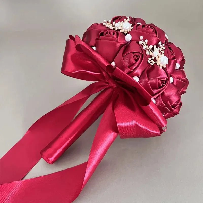 Wine Red Satin & Pearl Bridal Bouquet - Luzilly Bridal & Apparel