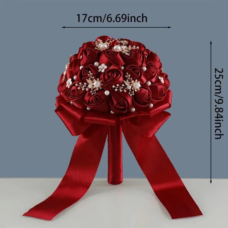 Wine Red Satin & Pearl Bridal Bouquet - Luzilly Bridal & Apparel