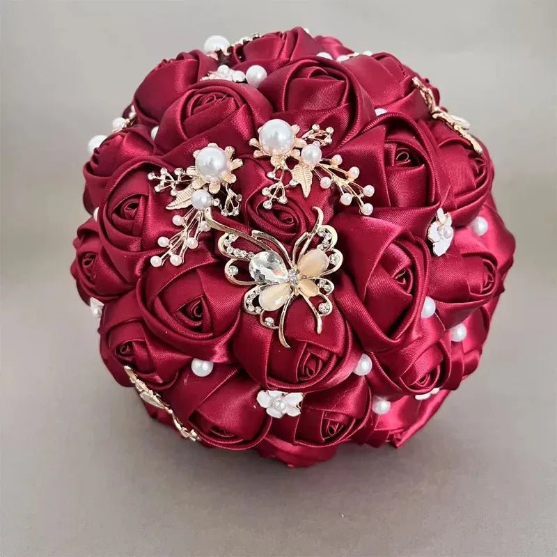 Wine Red Satin & Pearl Bridal Bouquet - Luzilly Bridal & Apparel