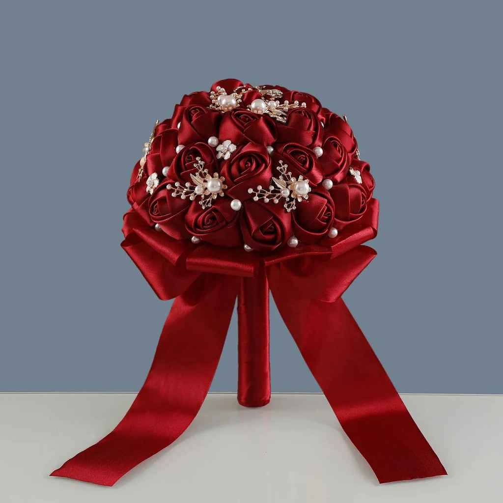 Wine Red Satin & Pearl Bridal Bouquet - Luzilly Bridal & Apparel
