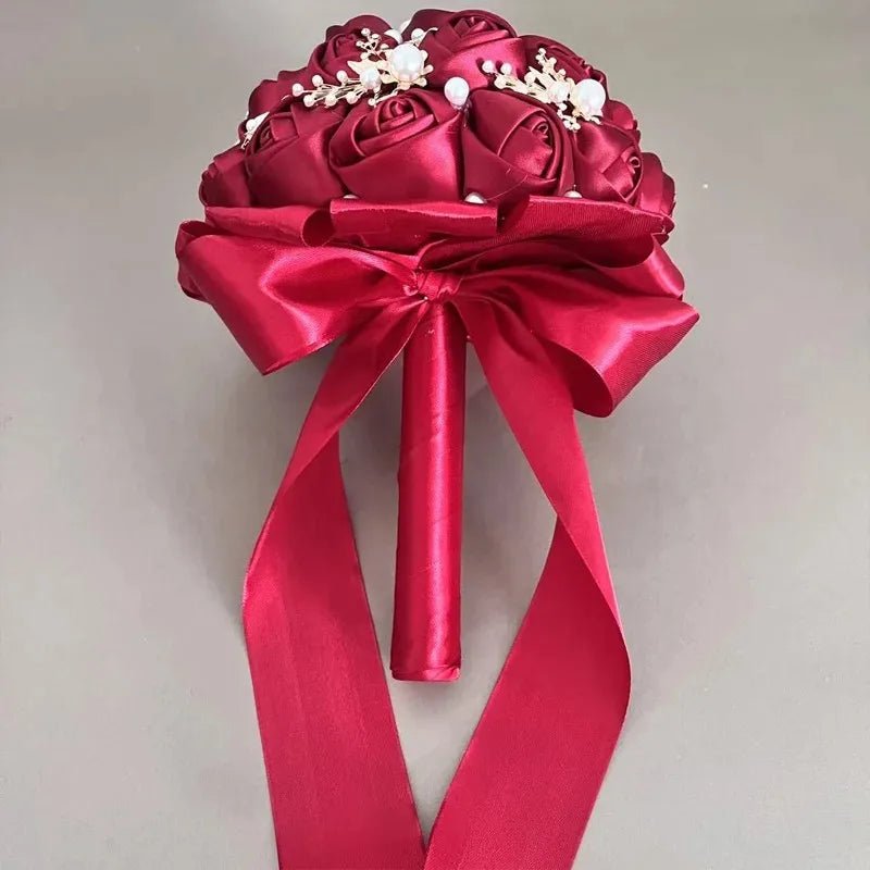 Wine Red Satin & Pearl Bridal Bouquet - Luzilly Bridal & Apparel