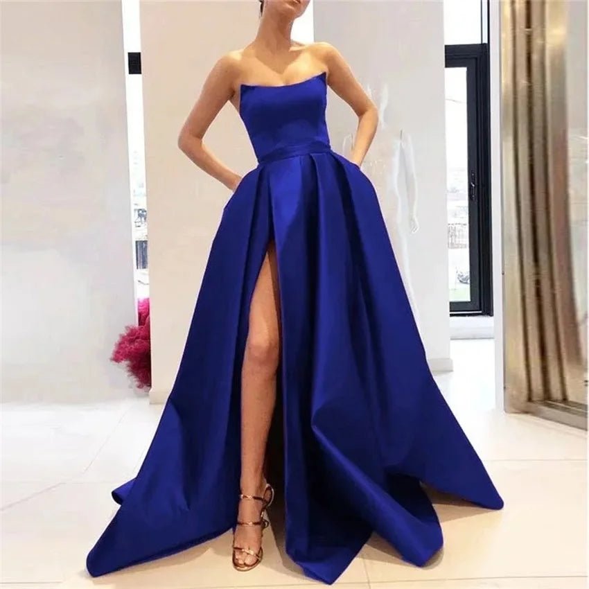 Wine Red Strapless Satin Prom Dress with Pockets - Luzilly Bridal & Apparel
