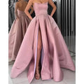 Wine Red Strapless Satin Prom Dress with Pockets - Luzilly Bridal & Apparel