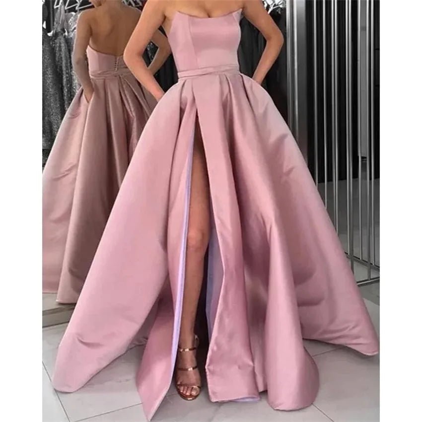 Wine Red Strapless Satin Prom Dress with Pockets - Luzilly Bridal & Apparel