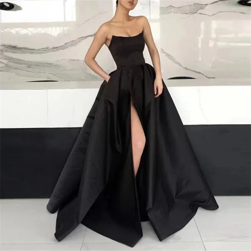 Wine Red Strapless Satin Prom Dress with Pockets - Luzilly Bridal & Apparel