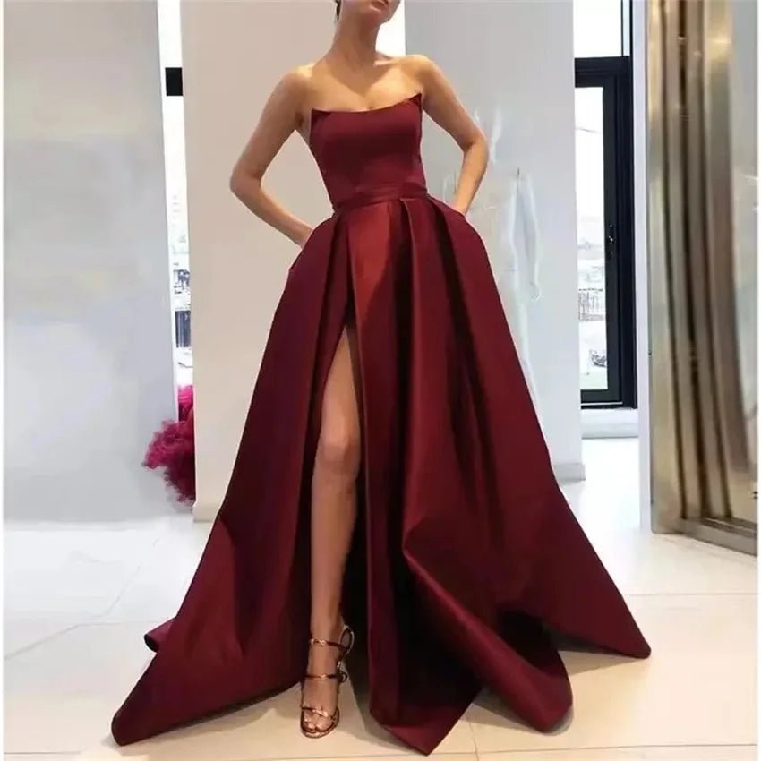 Wine Red Strapless Satin Prom Dress with Pockets - Luzilly Bridal & Apparel