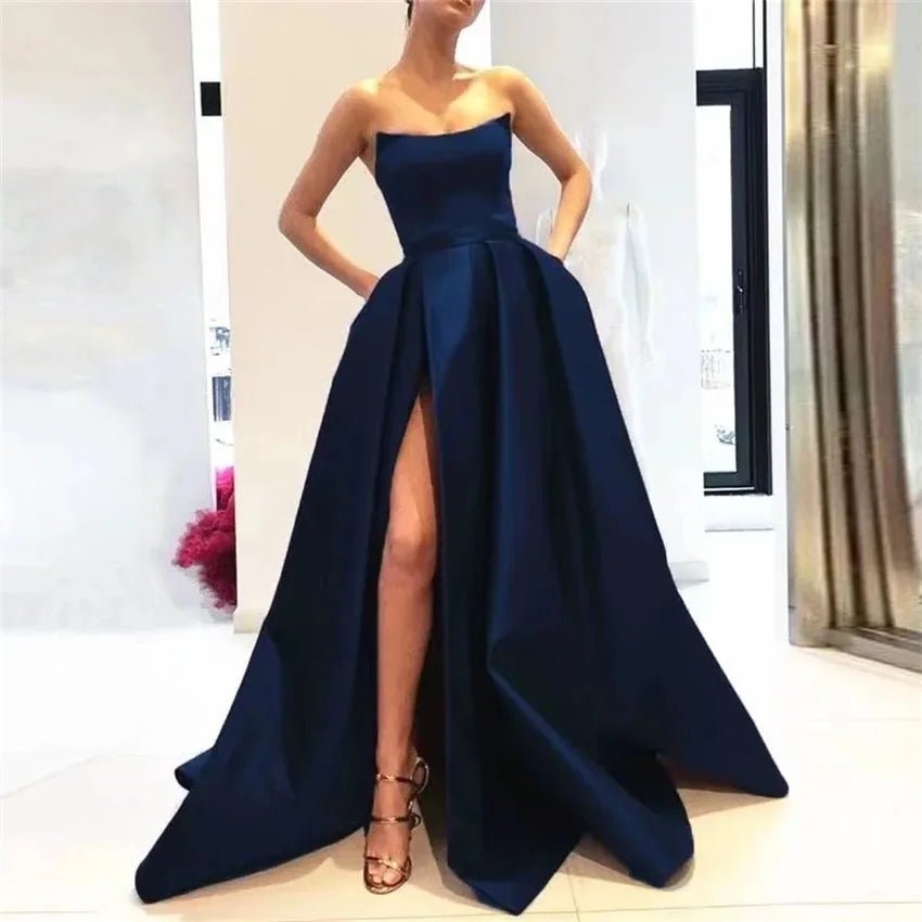 Wine Red Strapless Satin Prom Dress with Pockets - Luzilly Bridal & Apparel