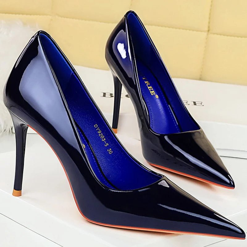 Women 9.5cm High Heels Pumps Wedding Bridal Classic Scarpins High Stiletto Heels Lady Nude Black White Glossy Leather Prom Shoes - Luzilly Bridal & Apparel