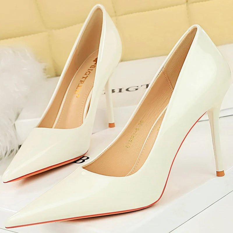 Women 9.5cm High Heels Pumps Wedding Bridal Classic Scarpins High Stiletto Heels Lady Nude Black White Glossy Leather Prom Shoes - Luzilly Bridal & Apparel