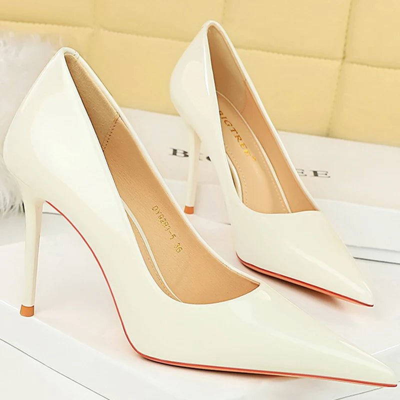 Women 9.5cm High Heels Pumps Wedding Bridal Classic Scarpins High Stiletto Heels Lady Nude Black White Glossy Leather Prom Shoes - Luzilly Bridal & Apparel