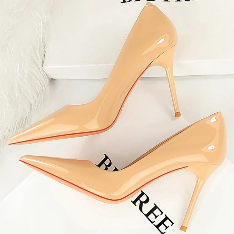 Women 9.5cm High Heels Pumps Wedding Bridal Classic Scarpins High Stiletto Heels Lady Nude Black White Glossy Leather Prom Shoes - Luzilly Bridal & Apparel