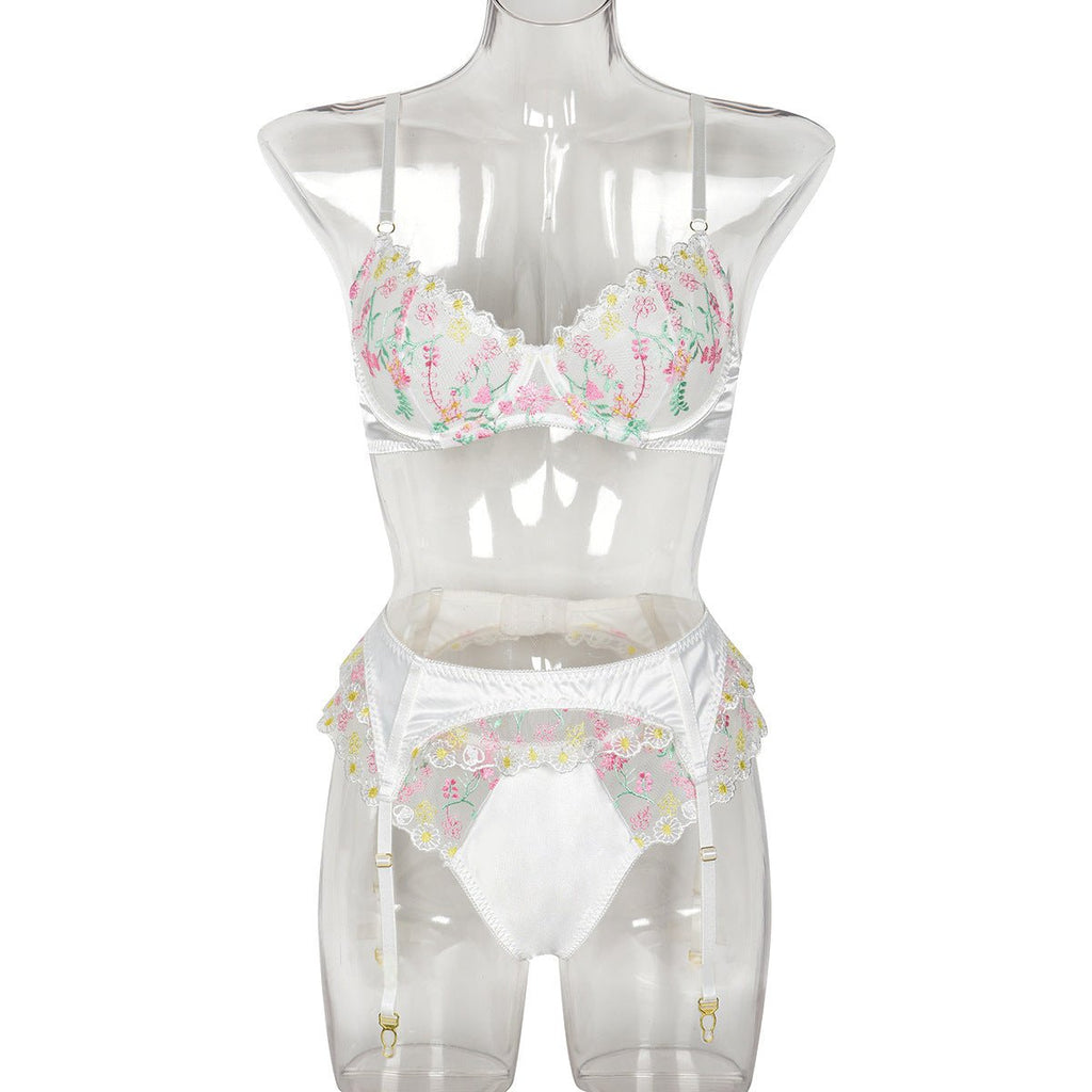 Women Clothing Sexy Lingerie Exquisite Embroidered Floral Stitching Satin Fresh Sweet Three Piece Set - Luzilly Bridal & Apparel
