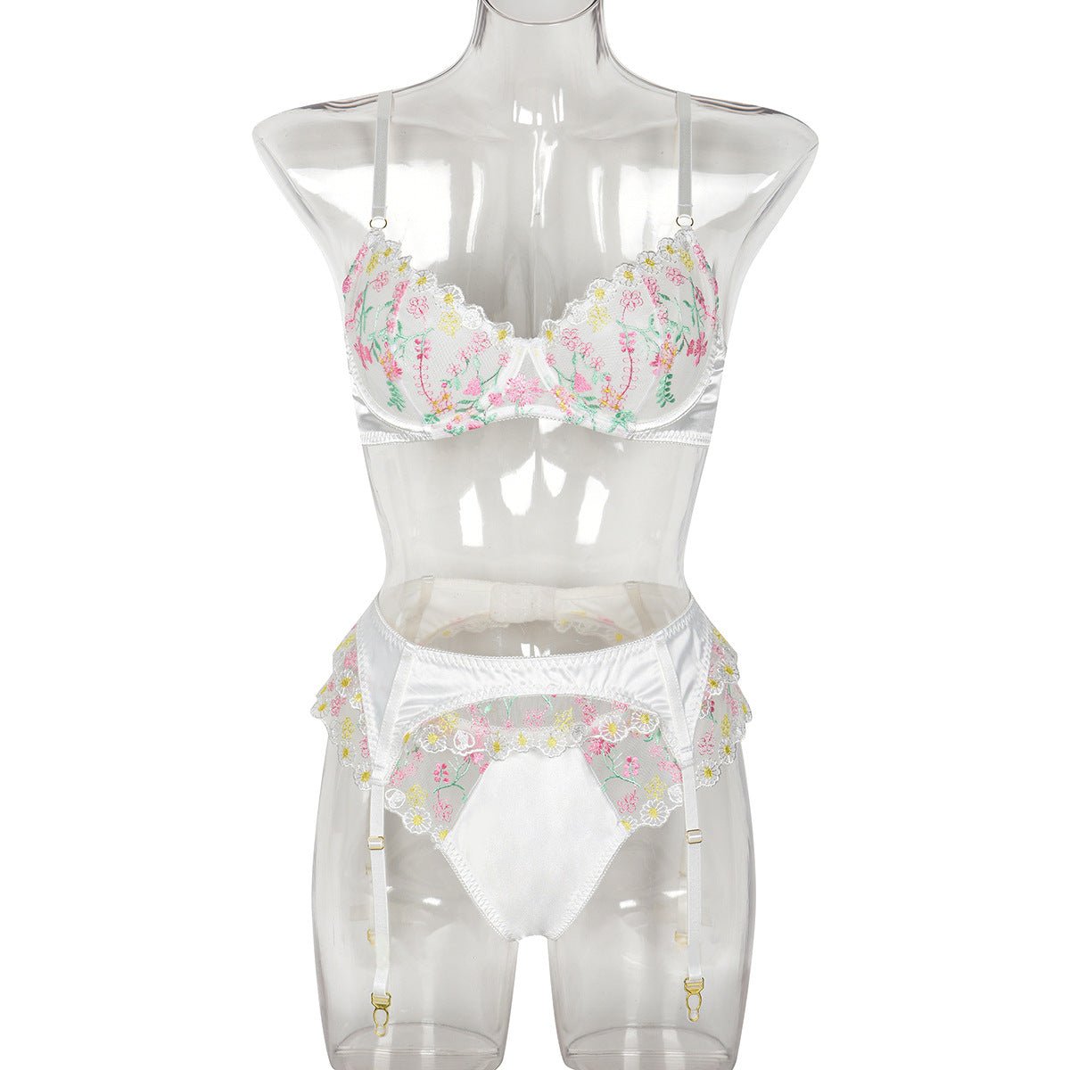 Women Clothing Sexy Lingerie Exquisite Embroidered Floral Stitching Satin Fresh Sweet Three Piece Set - Luzilly Bridal & Apparel