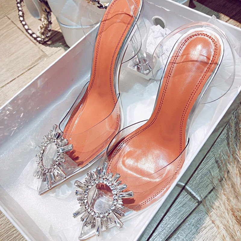 Women Pumps Elegant Pointed Toe Rhinestones High Heels Wedding Shoes Crystal Clear Heeled Slingback Pumps Sandals Sexy Heels - Luzilly Bridal & Apparel