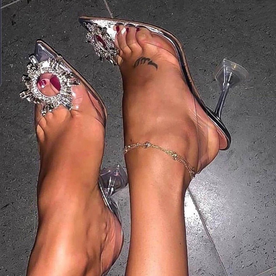 Women Pumps Elegant Pointed Toe Rhinestones High Heels Wedding Shoes Crystal Clear Heeled Slingback Pumps Sandals Sexy Heels - Luzilly Bridal & Apparel