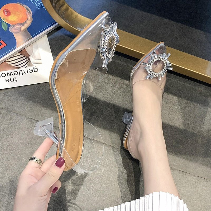 Women Pumps Elegant Pointed Toe Rhinestones High Heels Wedding Shoes Crystal Clear Heeled Slingback Pumps Sandals Sexy Heels - Luzilly Bridal & Apparel