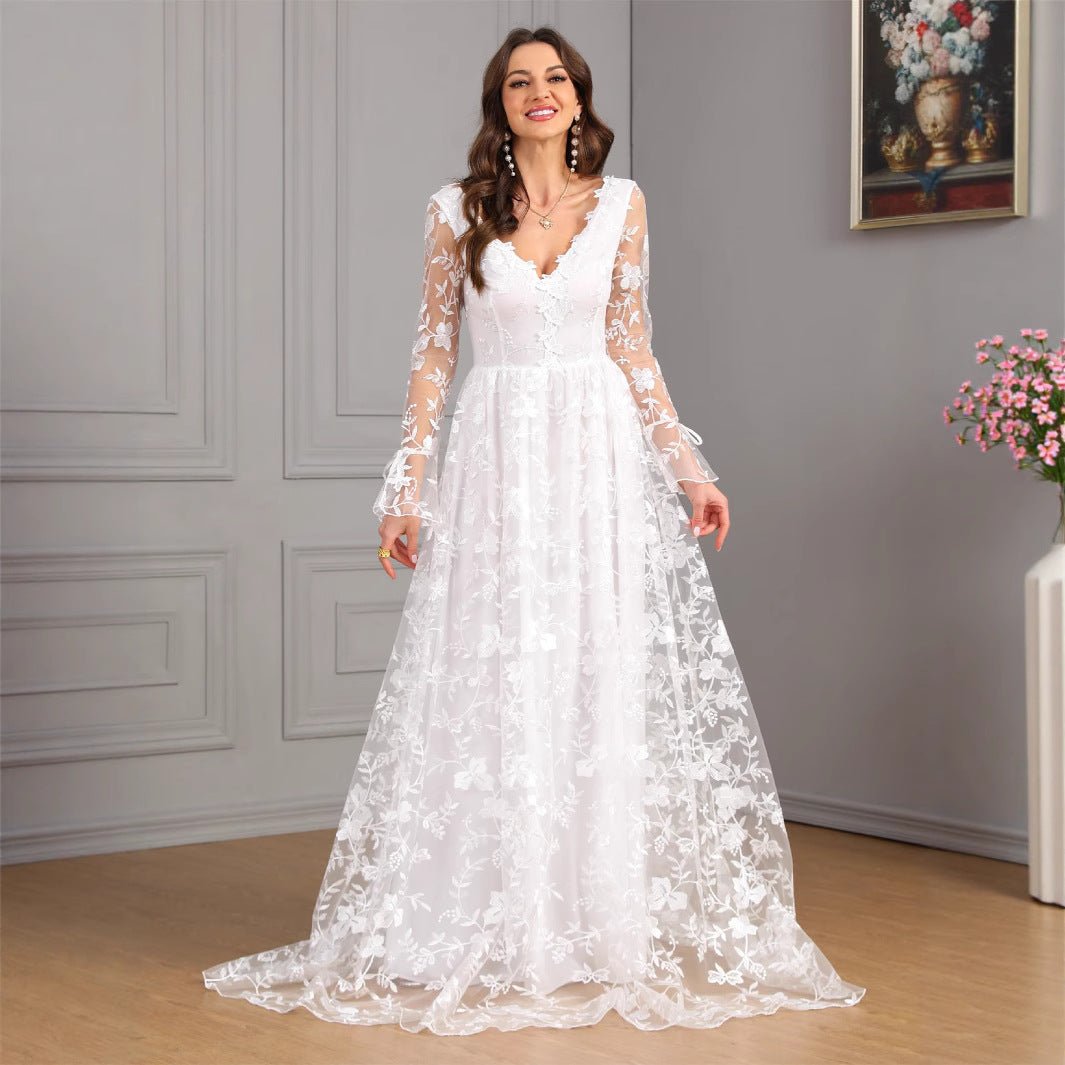 Women V neck Long Sleeve Sexy Backless White Large Swing Wedding Bridal Gown Dress - Luzilly Bridal & Apparel
