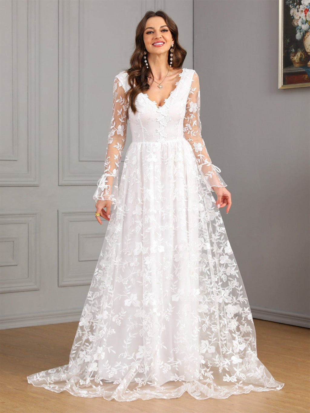 Women V neck Long Sleeve Sexy Backless White Large Swing Wedding Bridal Gown Dress - Luzilly Bridal & Apparel