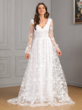 Women V neck Long Sleeve Sexy Backless White Large Swing Wedding Bridal Gown Dress - Luzilly Bridal & Apparel