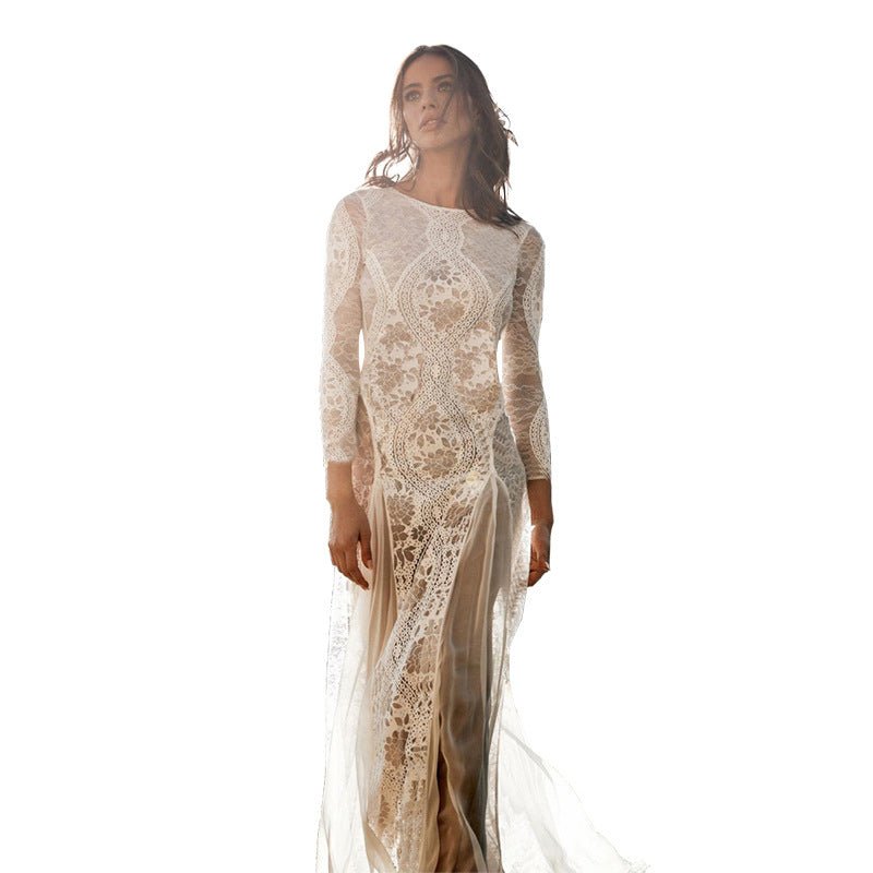 Women's Dress Long Sleeve Lace Sexy Backless Floor-Length Wedding Dress Formal Gown - Luzilly Bridal & Apparel