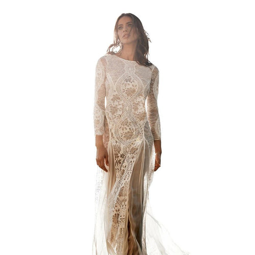 Women's Dress Long Sleeve Lace Sexy Backless Floor-Length Wedding Dress Formal Gown - Luzilly Bridal & Apparel