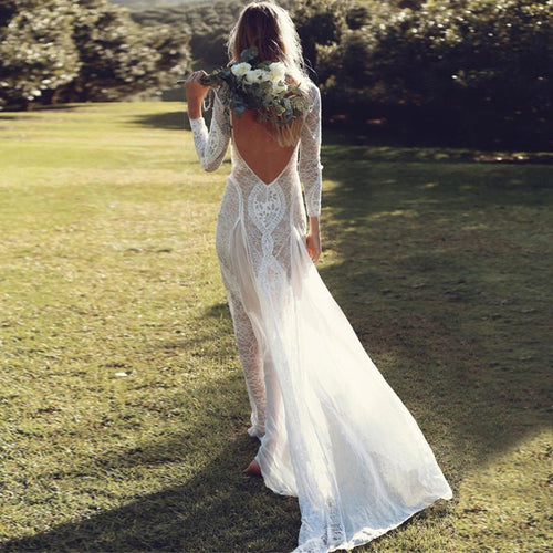 Women's Dress Long Sleeve Lace Sexy Backless Floor-Length Wedding Dress Formal Gown - Luzilly Bridal & Apparel