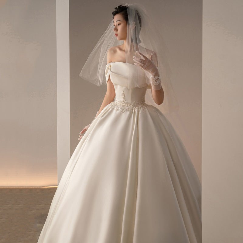 Women's Satin Off-shoulder Retro Fashion Trailing Wedding Dress - Luzilly Bridal & Apparel