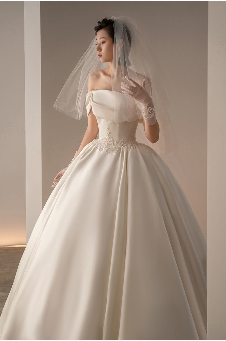Women's Satin Off-shoulder Retro Fashion Trailing Wedding Dress - Luzilly Bridal & Apparel