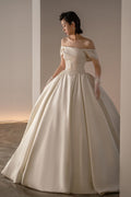 Women's Satin Off-shoulder Retro Fashion Trailing Wedding Dress - Luzilly Bridal & Apparel